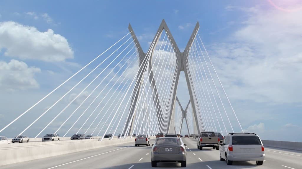 Cable-stayed bridge on a bright day, view along the roadway